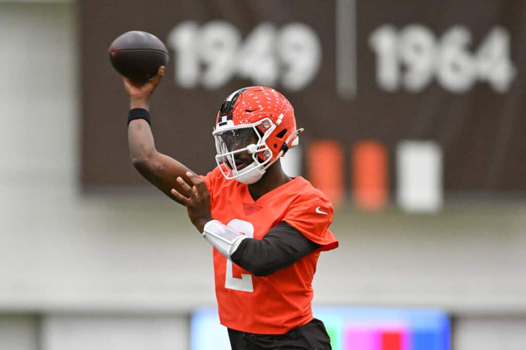 BEREA, OHIO - MAY 20: Shedeur Sanders #2 of the Cleveland Browns throws a pass during the Cleveland Browns OTA Offseason Workouts at CrossCountry Mortgage Campus on May 20, 2026 in Berea, Ohio.