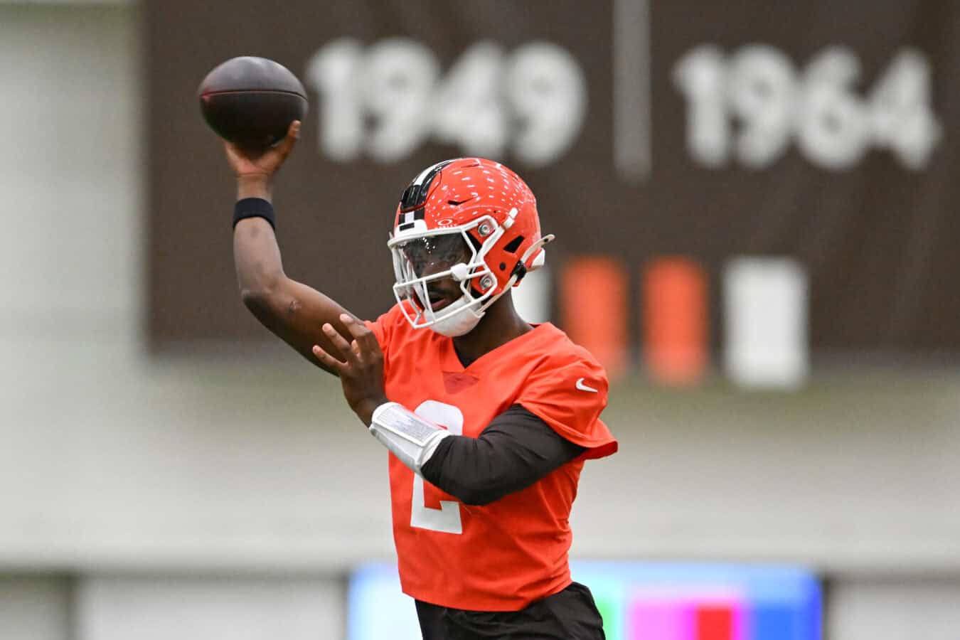 BEREA, OHIO - MAY 20: Shedeur Sanders #2 of the Cleveland Browns throws a pass during the Cleveland Browns OTA Offseason Workouts at CrossCountry Mortgage Campus on May 20, 2026 in Berea, Ohio.
