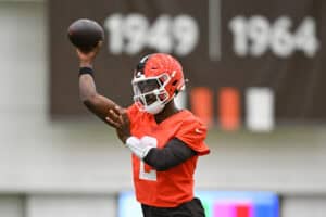 BEREA, OHIO - MAY 20: Shedeur Sanders #2 of the Cleveland Browns throws a pass during the Cleveland Browns OTA Offseason Workouts at CrossCountry Mortgage Campus on May 20, 2026 in Berea, Ohio.
