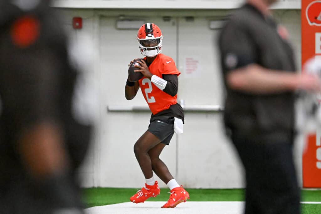 BEREA, OHIO - MAY 20: Shedeur Sanders #2 of the Cleveland Browns runs a drill during the Cleveland Browns OTA Offseason Workouts at CrossCountry Mortgage Campus on May 20, 2026 in Berea, Ohio.