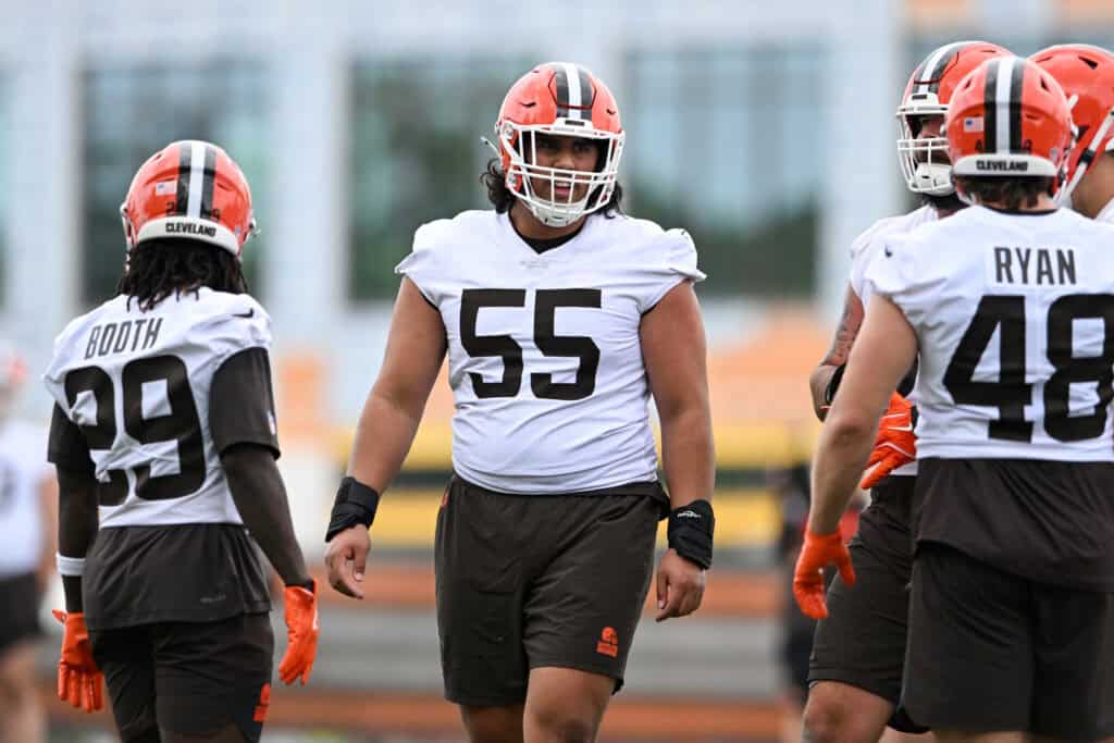 BEREA, OHIO - MAY 08: Spencer Fano #55 of the Cleveland Browns looks on during a rookie minicamp at CrossCountry Mortgage Campus on May 08, 2026 in Berea, Ohio.