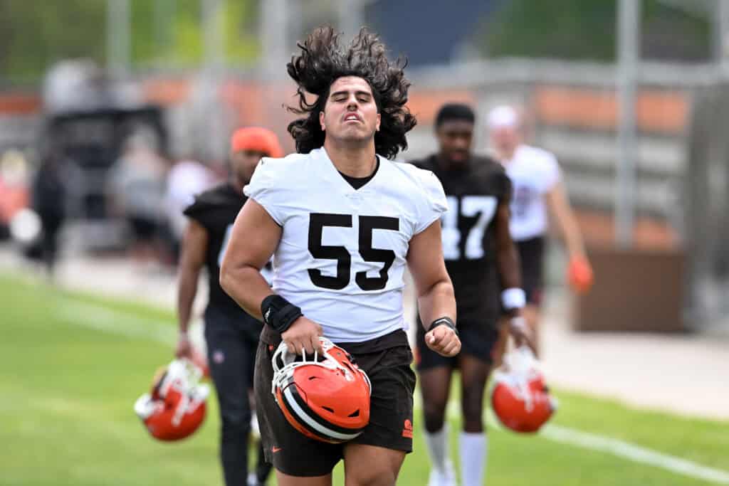 BEREA, OHIO - MAY 08: Spencer Fano #55 of the Cleveland Browns runs off the field after a rookie minicamp at CrossCountry Mortgage Campus on May 08, 2026 in Berea, Ohio.