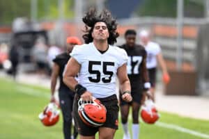 BEREA, OHIO - MAY 08: Spencer Fano #55 of the Cleveland Browns runs off the field after a rookie minicamp at CrossCountry Mortgage Campus on May 08, 2026 in Berea, Ohio.
