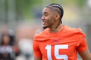 BEREA, OHIO - MAY 08: Taylen Green #15 of the Cleveland Browns looks on after a rookie minicamp at CrossCountry Mortgage Campus on May 08, 2026 in Berea, Ohio.