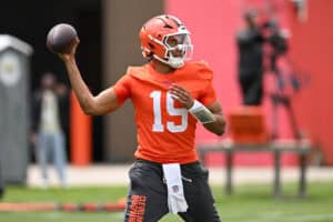 BEREA, OHIO - MAY 08: Taylen Green #15 of the Cleveland Browns throws a pass during a rookie minicamp at CrossCountry Mortgage Campus on May 08, 2026 in Berea, Ohio.
