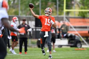BEREA, OHIO - MAY 08: Taylen Green #15 of the Cleveland Browns throws a pass during a rookie minicamp at CrossCountry Mortgage Campus on May 08, 2026 in Berea, Ohio.