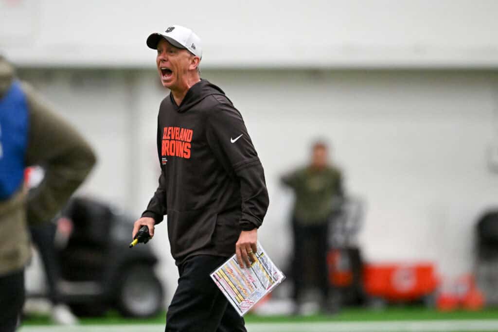 BEREA, OHIO - MAY 20: Head coach Todd Monken of the Cleveland Browns directs a drill during the Cleveland Browns OTA Offseason Workouts at CrossCountry Mortgage Campus on May 20, 2026 in Berea, Ohio.