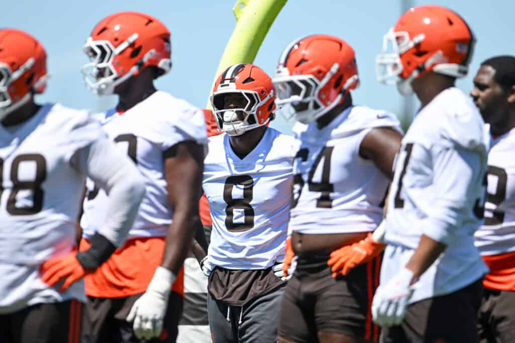BEREA, OHIO - JUNE 03: Jared Verse #8 of the Cleveland Browns watches a drill during the Cleveland Browns OTA Offseason Workouts at CrossCountry Mortgage Campus on June 03, 2026 in Berea, Ohio.