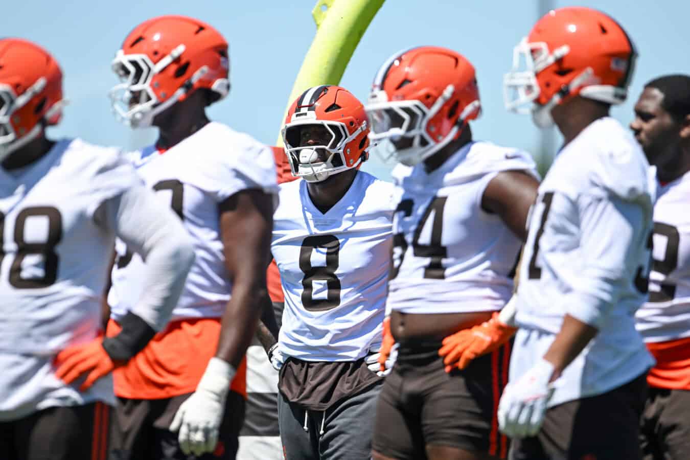 BEREA, OHIO - JUNE 03: Jared Verse #8 of the Cleveland Browns watches a drill during the Cleveland Browns OTA Offseason Workouts at CrossCountry Mortgage Campus on June 03, 2026 in Berea, Ohio.
