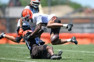 BEREA, OHIO - JUNE 03: Tre Avery #11 of the Cleveland Browns breaks up a pass intended for Kole Wilson #87 during the Cleveland Browns OTA Offseason Workouts at CrossCountry Mortgage Campus on June 03, 2026 in Berea, Ohio.