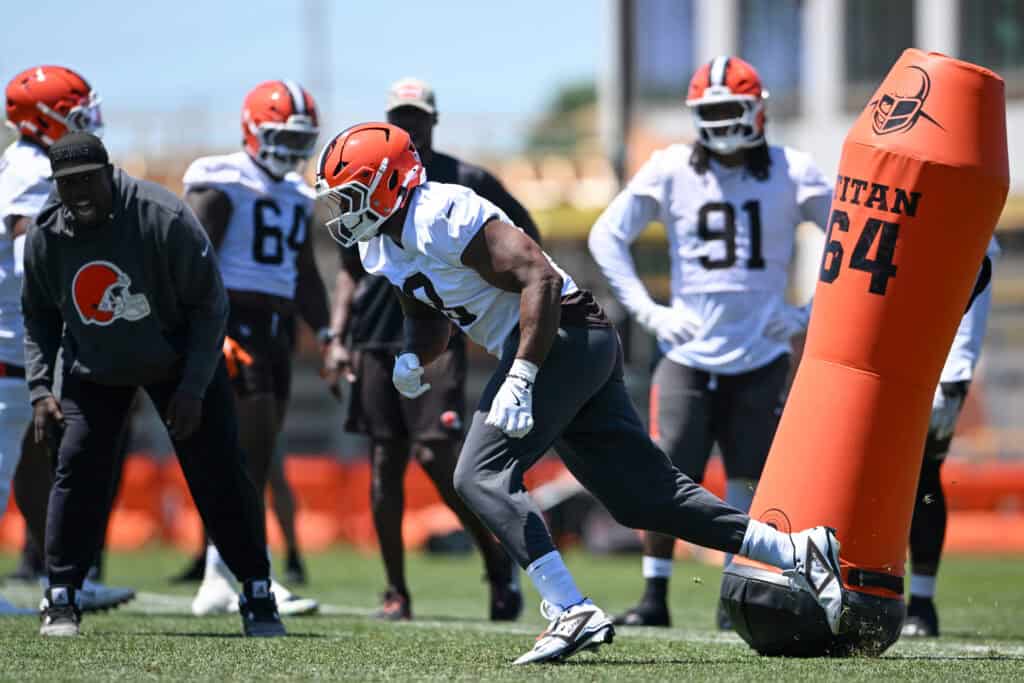 BEREA, OHIO - JUNE 03: Jared Verse #8 of the Cleveland Browns runs a drill during the Cleveland Browns OTA Offseason Workouts at CrossCountry Mortgage Campus on June 03, 2026 in Berea, Ohio.