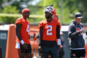 BEREA, OHIO - JUNE 03: Deshaun Watson #4 of the Cleveland Browns talks with Shedeur Sanders #2 during the Cleveland Browns OTA Offseason Workouts at CrossCountry Mortgage Campus on June 03, 2026 in Berea, Ohio.
