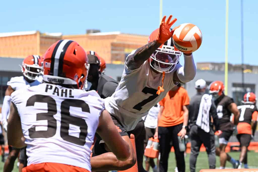 BEREA, OHIO - JUNE 03: Tyson Campbell #7 of the Cleveland Browns runs a drill during the Cleveland Browns OTA Offseason Workouts at CrossCountry Mortgage Campus on June 03, 2026 in Berea, Ohio.
