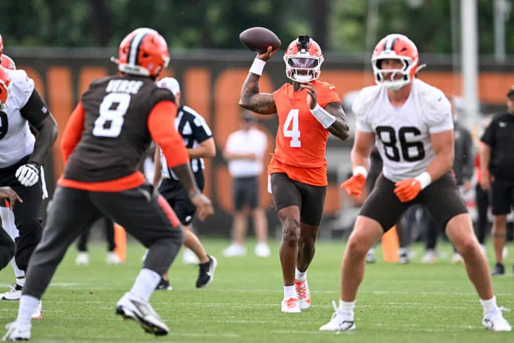 BEREA, OHIO - JUNE 11: Deshaun Watson #4 of the Cleveland Browns throws a pass during the Cleveland Browns Mandatory Minicamp at CrossCountry Mortgage Campus on June 11, 2026 in Berea, Ohio.