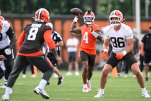 BEREA, OHIO - JUNE 11: Deshaun Watson #4 of the Cleveland Browns throws a pass during the Cleveland Browns Mandatory Minicamp at CrossCountry Mortgage Campus on June 11, 2026 in Berea, Ohio.