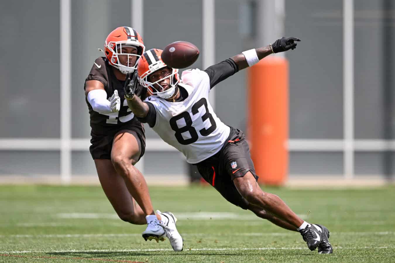 BEREA, OHIO - JUNE 11: Malachi Corley #83 of the Cleveland Browns attempts to catch a pass against Nate Evans #43 during the Cleveland Browns Mandatory Minicamp at CrossCountry Mortgage Campus on June 11, 2026 in Berea, Ohio.