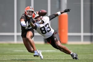 BEREA, OHIO - JUNE 11: Malachi Corley #83 of the Cleveland Browns attempts to catch a pass against Nate Evans #43 during the Cleveland Browns Mandatory Minicamp at CrossCountry Mortgage Campus on June 11, 2026 in Berea, Ohio.