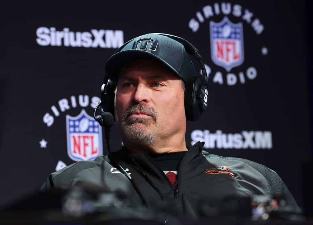 LAS VEGAS, NEVADA - FEBRUARY 09: Mark Schlereth speaks on SiriusXM at Super Bowl LVIII on February 09, 2024 in Las Vegas, Nevada.