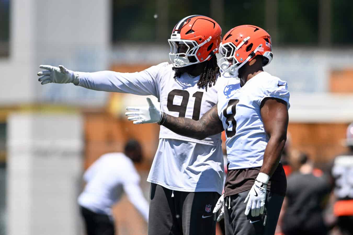 BEREA, OHIO - JUNE 03: Alex Wright #91 of the Cleveland Browns instructs Jared Verse #8 during the Cleveland Browns OTA Offseason Workouts at CrossCountry Mortgage Campus on June 03, 2026 in Berea, Ohio.