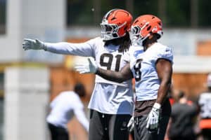 BEREA, OHIO - JUNE 03: Alex Wright #91 of the Cleveland Browns instructs Jared Verse #8 during the Cleveland Browns OTA Offseason Workouts at CrossCountry Mortgage Campus on June 03, 2026 in Berea, Ohio.