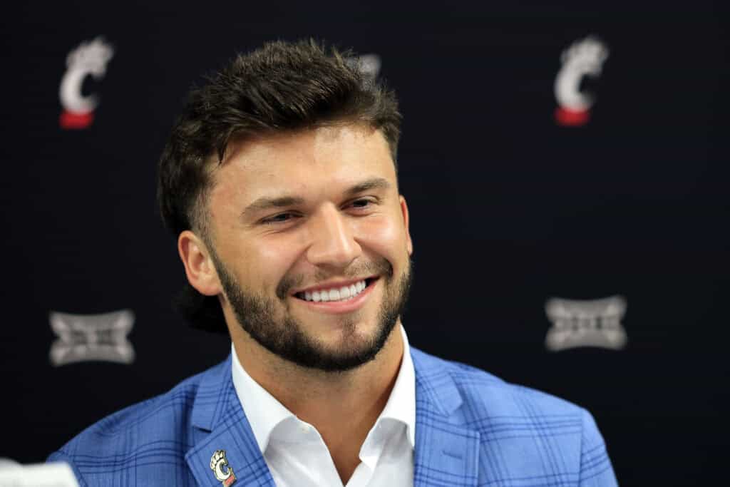 FRISCO, TEXAS - JULY 08: Quarterback Brendan Sorsby of the Cincinnatti Bearcats speaks with the media during the Big 12 Media Days at The Ford Center at The Star on July 08, 2025 in Frisco, Texas.