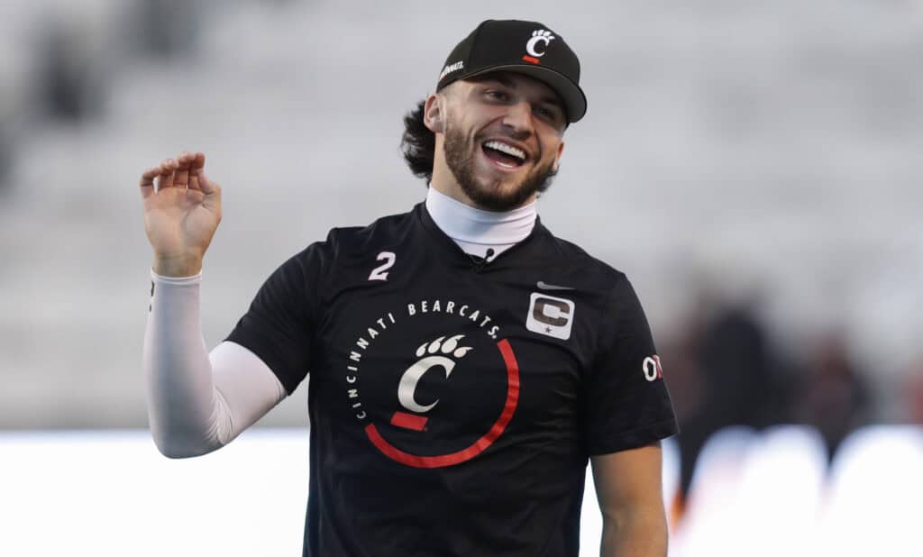 SALT LAKE CITY, UT - NOVEMBER 1: Brendan Sorsby #2 of the Cincinnati Bearcats laugh during warmups before their game against Utah Utes at the Rice-Eccles Stadium on November 1, 2025 in Salt Lake City, Utah.
