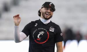 SALT LAKE CITY, UT - NOVEMBER 1: Brendan Sorsby #2 of the Cincinnati Bearcats laugh during warmups before their game against Utah Utes at the Rice-Eccles Stadium on November 1, 2025 in Salt Lake City, Utah.