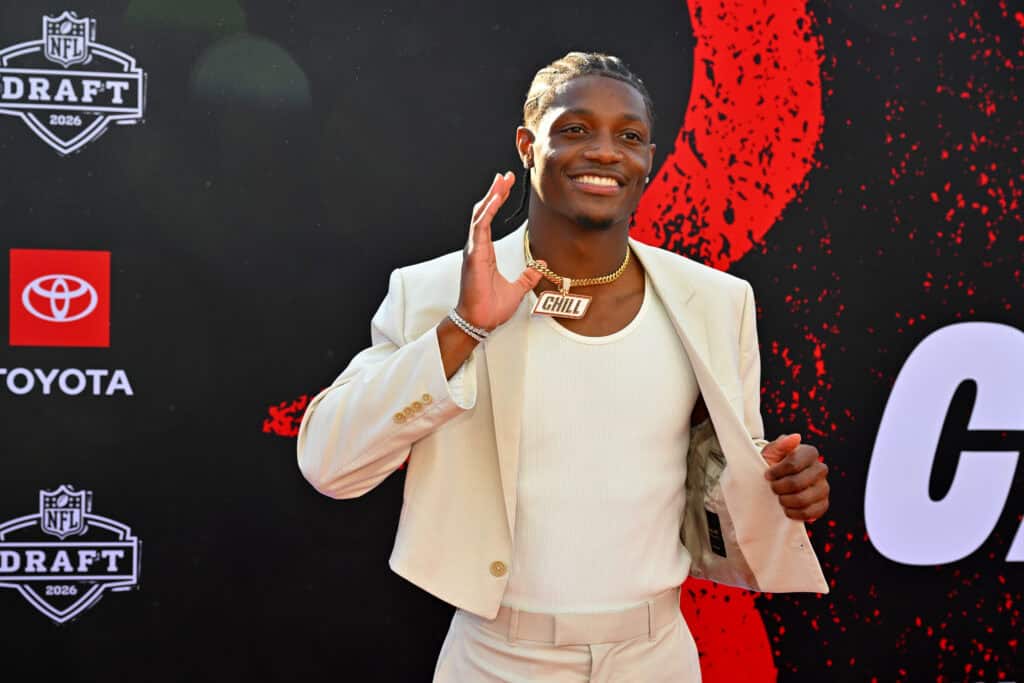 PITTSBURGH, PENNSYLVANIA - APRIL 23: Carnell Tate of Ohio State arrives prior to the 2026 NFL Draft on April 23, 2026 in Pittsburgh, Pennsylvania.