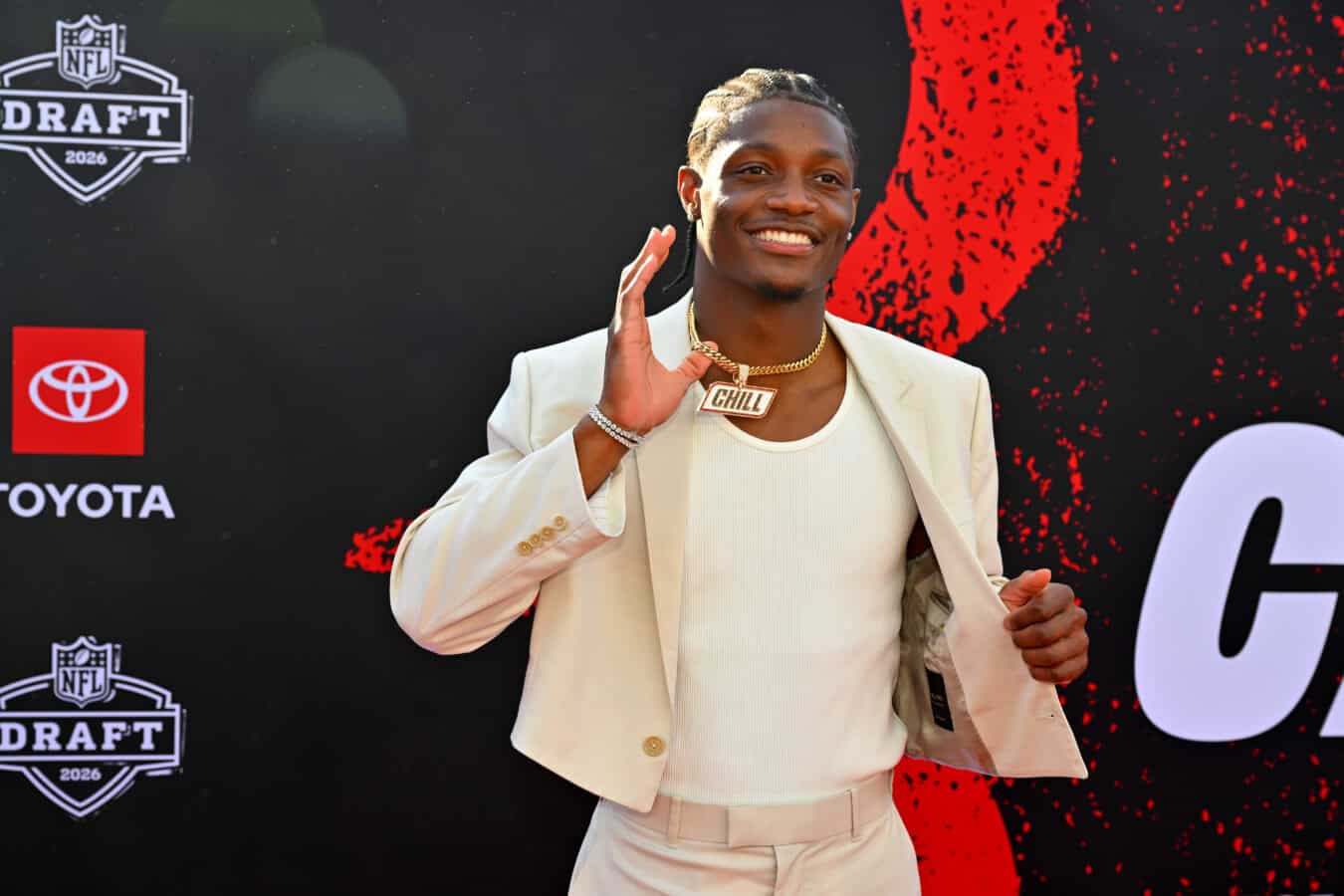 PITTSBURGH, PENNSYLVANIA - APRIL 23: Carnell Tate of Ohio State arrives prior to the 2026 NFL Draft on April 23, 2026 in Pittsburgh, Pennsylvania.