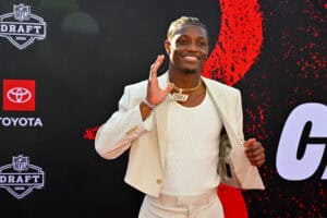 PITTSBURGH, PENNSYLVANIA - APRIL 23: Carnell Tate of Ohio State arrives prior to the 2026 NFL Draft on April 23, 2026 in Pittsburgh, Pennsylvania.
