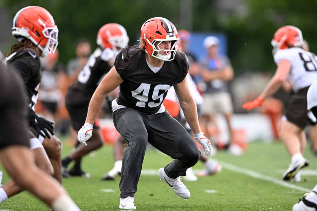 BEREA, OHIO - JUNE 11: Carson Schwesinger #49 of the Cleveland Browns runs a drill during the Cleveland Browns Mandatory Minicamp at CrossCountry Mortgage Campus on June 11, 2026 in Berea, Ohio.