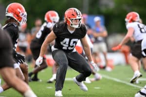 BEREA, OHIO - JUNE 11: Carson Schwesinger #49 of the Cleveland Browns runs a drill during the Cleveland Browns Mandatory Minicamp at CrossCountry Mortgage Campus on June 11, 2026 in Berea, Ohio.