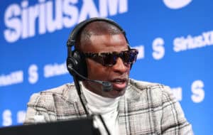 SAN FRANCISCO, CALIFORNIA - FEBRUARY 06: (L-R) Deion Sanders speaks at SiriusXM on Radio Row at Super Bowl LX on February 06, 2026 in San Francisco, California.