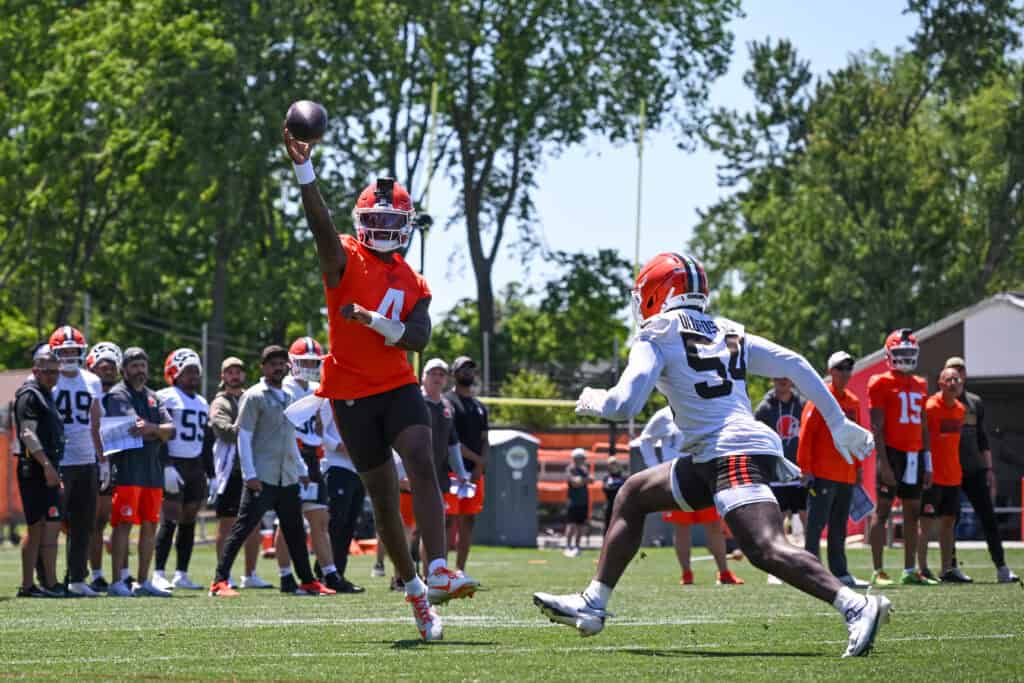 BEREA, OHIO - JUNE 03: Deshaun Watson #4 of the Cleveland Browns throws a pass during the Cleveland Browns OTA Offseason Workouts at CrossCountry Mortgage Campus on June 03, 2026 in Berea, Ohio.