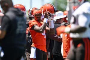 BEREA, OHIO - JUNE 03: Deshaun Watson #4 of the Cleveland Browns looks on during the Cleveland Browns OTA Offseason Workouts at CrossCountry Mortgage Campus on June 03, 2026 in Berea, Ohio.