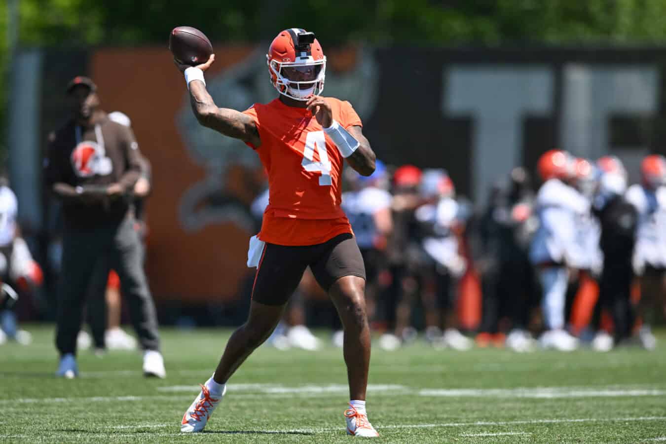BEREA, OHIO - JUNE 03: Deshaun Watson #4 of the Cleveland Browns throws a pass during the Cleveland Browns OTA Offseason Workouts at CrossCountry Mortgage Campus on June 03, 2026 in Berea, Ohio.