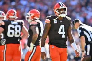 CLEVELAND, OHIO - OCTOBER 20: Deshaun Watson #4 of the Cleveland Browns reacts after being hit in the second quarter of a game against the Cincinnati Bengals at Huntington Bank Field on October 20, 2024 in Cleveland, Ohio.