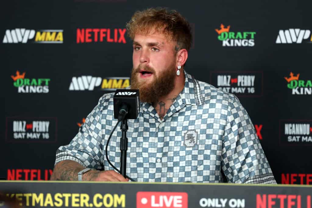 INGLEWOOD, CALIFORNIA - MAY 16: Jake Paul speaks to the media after the main card of Netflix's Ronda Rousey vs. Gina Carano at Intuit Dome on May 16, 2026 in Inglewood, California.