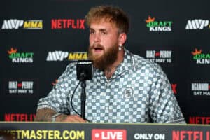 INGLEWOOD, CALIFORNIA - MAY 16: Jake Paul speaks to the media after the main card of Netflix's Ronda Rousey vs. Gina Carano at Intuit Dome on May 16, 2026 in Inglewood, California.