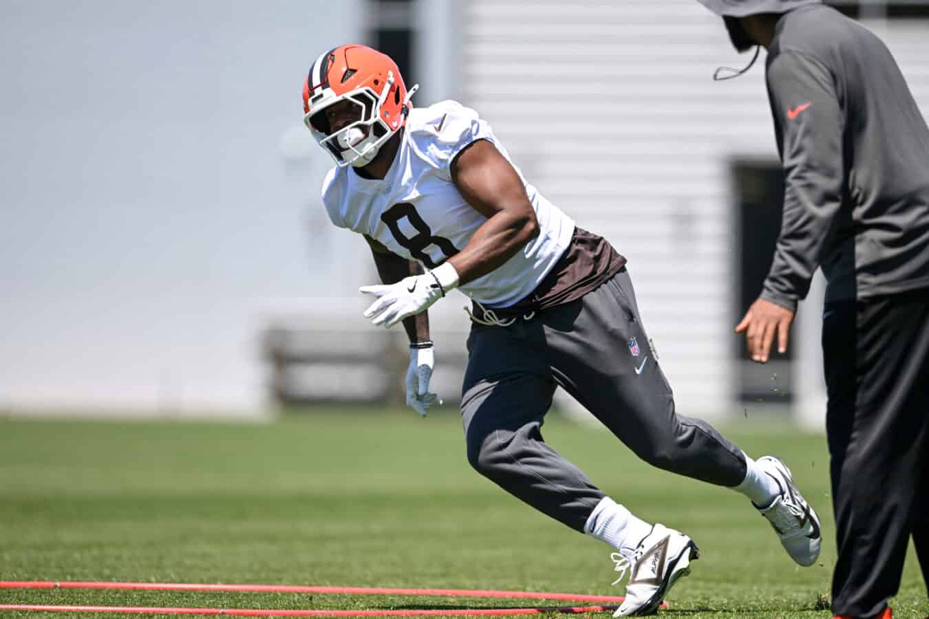 BEREA, OHIO - JUNE 03: Jared Verse #8 of the Cleveland Browns runs a drill during the Cleveland Browns OTA Offseason Workouts at CrossCountry Mortgage Campus on June 03, 2026 in Berea, Ohio.
