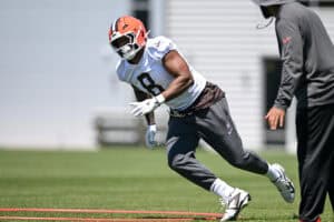 BEREA, OHIO - JUNE 03: Jared Verse #8 of the Cleveland Browns runs a drill during the Cleveland Browns OTA Offseason Workouts at CrossCountry Mortgage Campus on June 03, 2026 in Berea, Ohio.