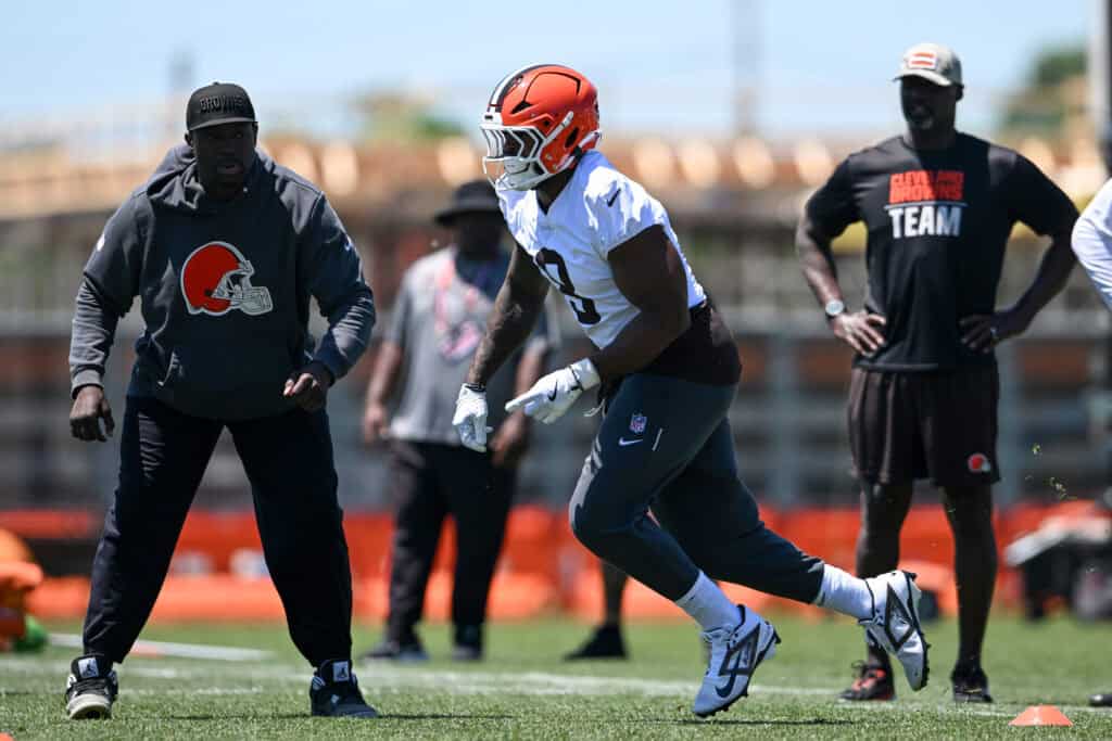 BEREA, OHIO - JUNE 03: Jared Verse #8 of the Cleveland Browns runs a drill during the Cleveland Browns OTA Offseason Workouts at CrossCountry Mortgage Campus on June 03, 2026 in Berea, Ohio.