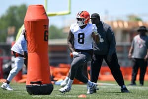 BEREA, OHIO - JUNE 03: Jared Verse #8 of the Cleveland Browns runs a drill during the Cleveland Browns OTA Offseason Workouts at CrossCountry Mortgage Campus on June 03, 2026 in Berea, Ohio.