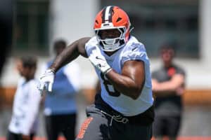 BEREA, OHIO - JUNE 03: Jared Verse #8 of the Cleveland Browns runs a drill during the Cleveland Browns OTA Offseason Workouts at CrossCountry Mortgage Campus on June 03, 2026 in Berea, Ohio.