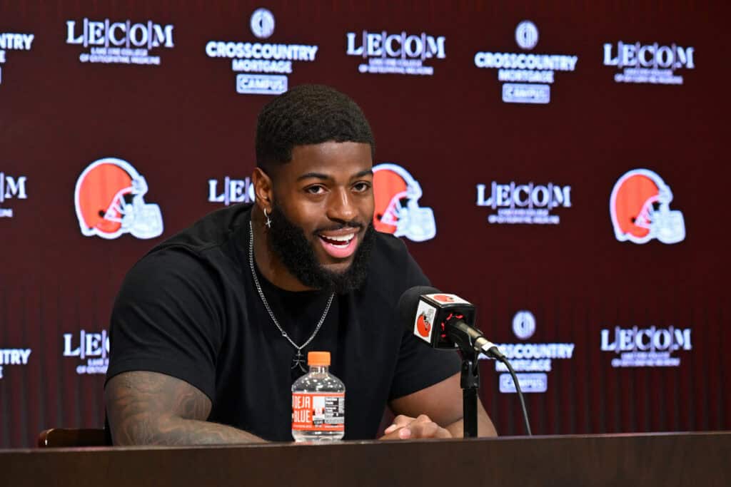 BEREA, OHIO - JUNE 03: Jared Verse #8 of the Cleveland Browns answers questions from the media during a press conference after the Cleveland Browns OTA Offseason Workouts at CrossCountry Mortgage Campus on June 03, 2026 in Berea, Ohio.