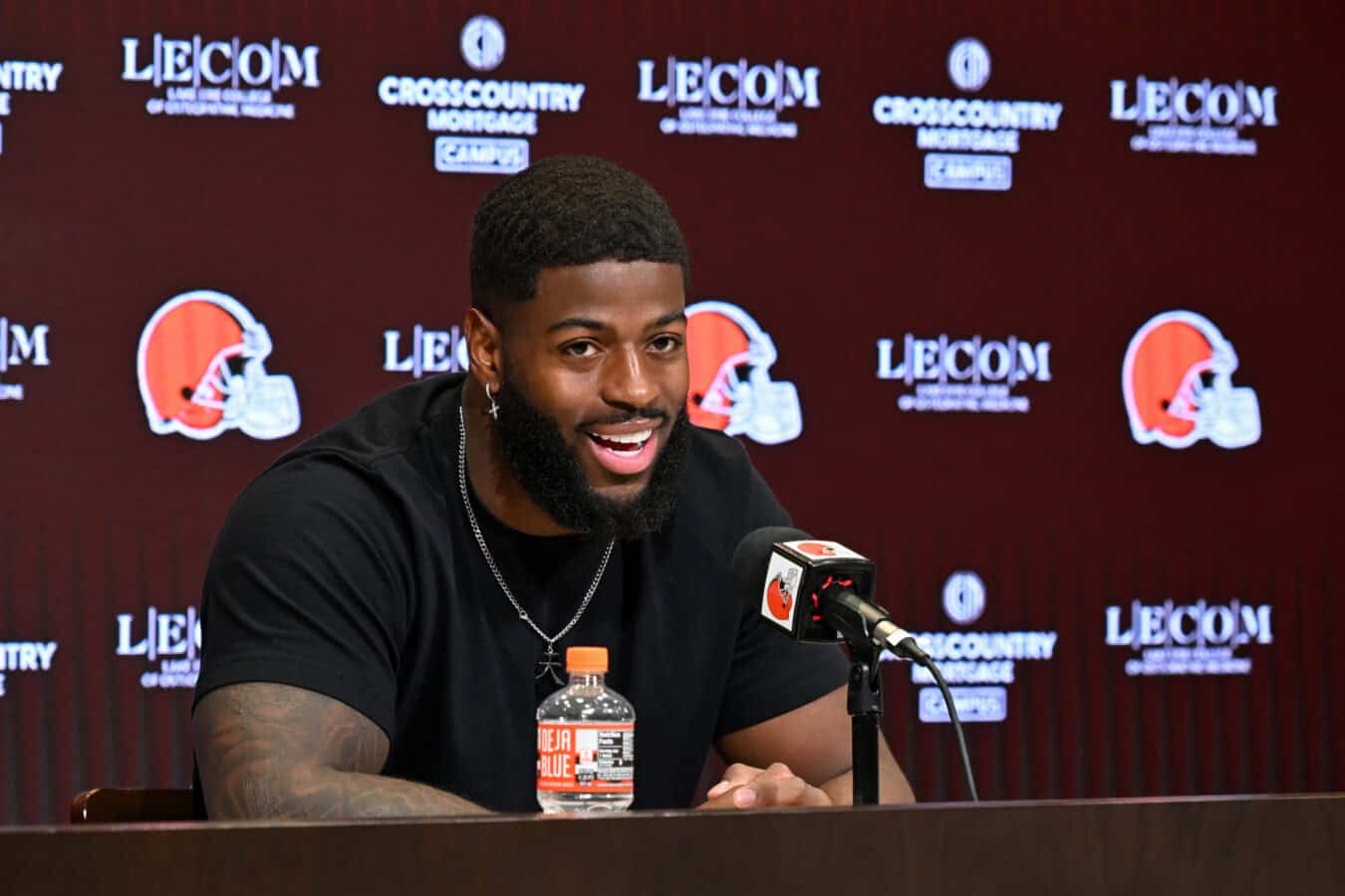 BEREA, OHIO - JUNE 03: Jared Verse #8 of the Cleveland Browns answers questions from the media during a press conference after the Cleveland Browns OTA Offseason Workouts at CrossCountry Mortgage Campus on June 03, 2026 in Berea, Ohio.