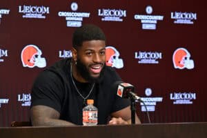 BEREA, OHIO - JUNE 03: Jared Verse #8 of the Cleveland Browns answers questions from the media during a press conference after the Cleveland Browns OTA Offseason Workouts at CrossCountry Mortgage Campus on June 03, 2026 in Berea, Ohio.