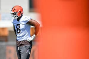 BEREA, OHIO - JUNE 03: Jared Verse #8 of the Cleveland Browns watches a drill during the Cleveland Browns OTA Offseason Workouts at CrossCountry Mortgage Campus on June 03, 2026 in Berea, Ohio.