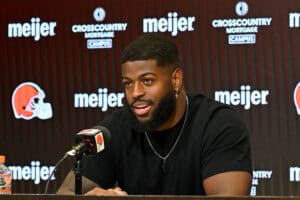 BEREA, OHIO - JUNE 03: Jared Verse #8 of the Cleveland Browns answers questions from the media during a press conference after the Cleveland Browns OTA Offseason Workouts at CrossCountry Mortgage Campus on June 03, 2026 in Berea, Ohio.