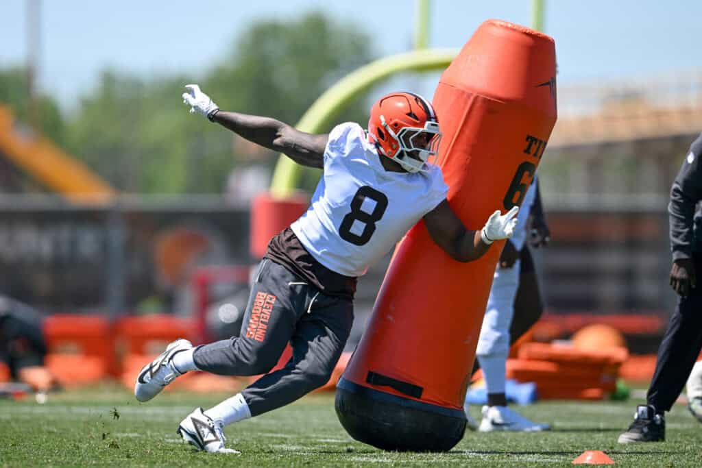 BEREA, OHIO - JUNE 03: Jared Verse #8 of the Cleveland Browns runs a drill during the Cleveland Browns OTA Offseason Workouts at CrossCountry Mortgage Campus on June 03, 2026 in Berea, Ohio.